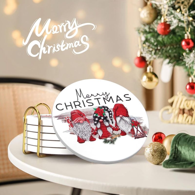 Photo 1 of  6Pcs Decorative Christmas Coasters with Holder Absorbent Xmas Coasters for Beverage Drink Cute bar Coffee Table Coasters Gift Ceramic Cup Coaster Set Christmas Gnome Coasters