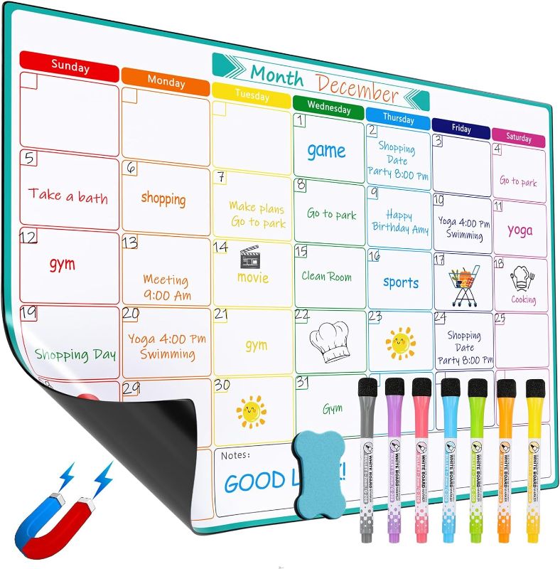 Photo 1 of **Not Exact Photo** MaxGear Monthly Magnetic Calendar for Fridge, Fridge Calendar Whiteboard, Reusable Magnetic Dry Erase Calendar White Board Planner for Refrigerator with 7 Fine Point Markers, 1 Eraser
