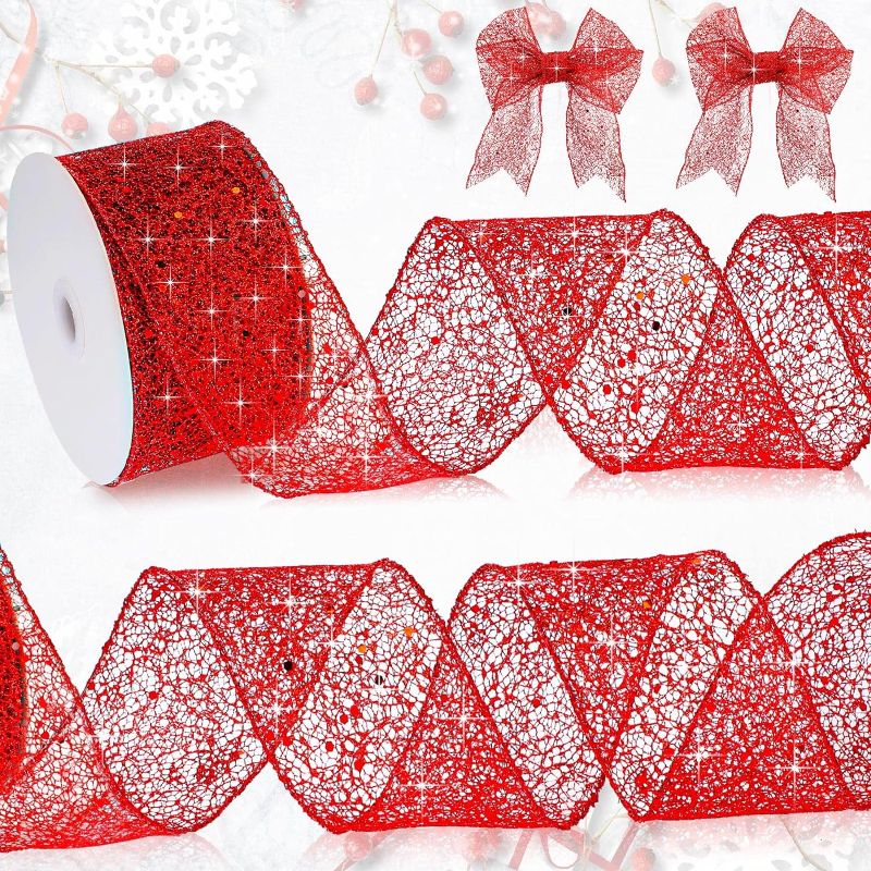 Photo 1 of  Mesh Glitter Ribbon Christmas Glitter Ribbon Sheer Metallic Mesh Ribbon for Home Party Gift Wrapping Wreath DIY Crafts Christmas Tree Decor
