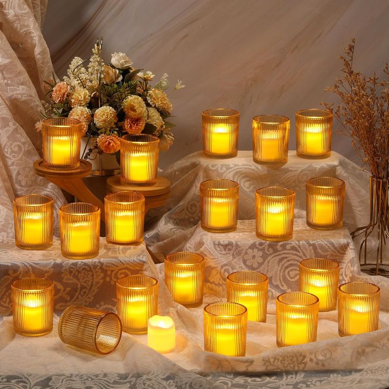 Photo 2 of 24 Pcs Bulk Votive Candle Holders Set, 24 Candle Holders and 24 LED Flameless Fake Candles Glass Tea Lights Candle Holders for Wedding Home Table Centerpiece Birthday Party Holiday(Gold)