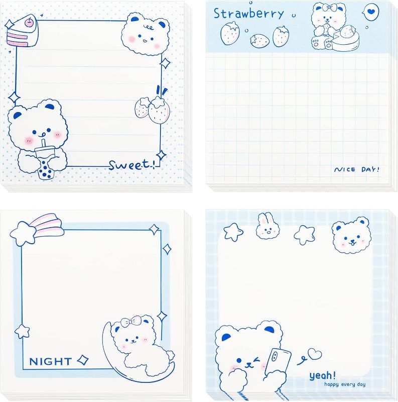 Photo 1 of Cute Sticky Notes, 4 Pack Cartoon Sticky Notes Cute Bear Markers Flags Self-Stick Memo Pads Students Home Office Roommates Gifts Tab Supplies 320 Sheets (inches, 3.14 x 3.14)