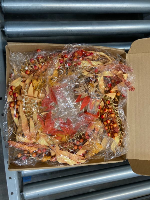 Photo 1 of DN DECONATION Lighted Fall Wreath, 20 Inch Autumn Harvest Wreaths with LED, Fall Berry Wreath with Maple Leaves, Wheat Spikes for Front Door, Thanksgiving Wreaths for Indoor Outdoor Fall Wreath 20inch