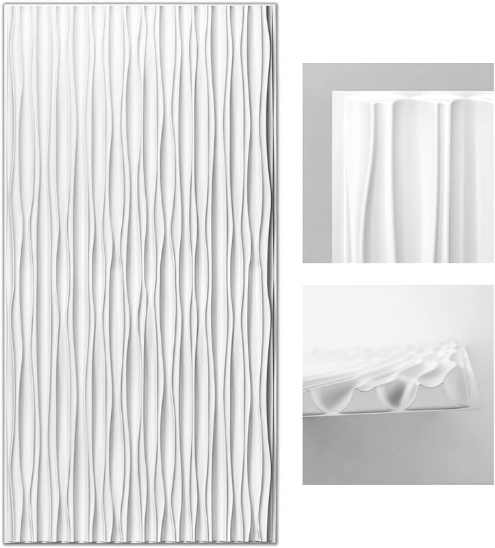 Photo 1 of Art3d White Large PVC 3D Wall Panels for Interior Wall Décor, Drop Ceiling Tile 2x4, 3D Textured Wavy Wall Panels Decorative, Pack of 6 Tiles(47.2"×23.6")