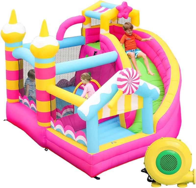 Photo 1 of Pink Bounce House with Slide,Indoor Bouncy House for Kids 3-8,Inflatable Obstacle Course with Blower,Jumping Castle with Air Ball Pit