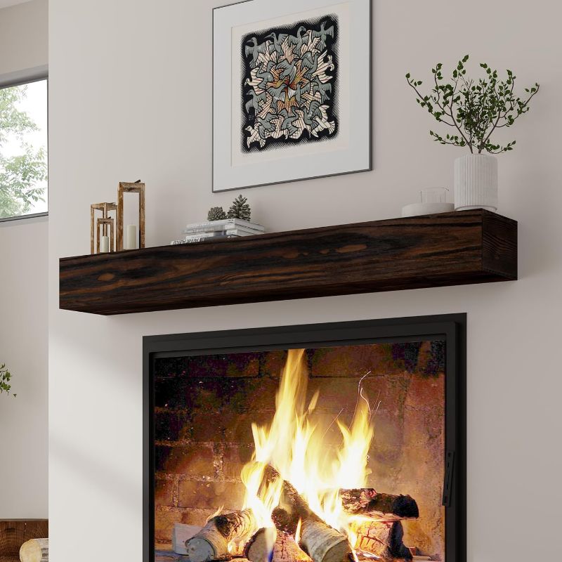 Photo 1 of Fireplace Mantel | 48" W Wood Floating Shelves | Handcrafted Hollow Distressed Beam | Wall Mounted Wooden Display Shelfing | with Invisible Heavy Duty Hanging Wood Bracket | 48W x 6H x 8D, Espresso