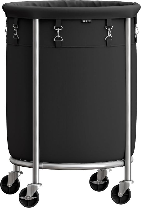 Photo 1 of SONGMICS Laundry Basket with Wheels, Rolling Laundry Hamper, 29 Gal., Round Laundry Cart with Steel Frame and Removable Bag, 4 Casters and 2 Brakes, Black and Silver URLS002B01 Black + Silver 110L (19.7 x 28 Inches)