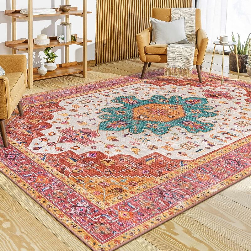 Photo 1 of Moynesa Ultra-Thin Washable Pink Area Rug - 6x9 Large Boho for Girls Bedroom, Dining Room, Non-Shed Playroom, Office, Indoor Printed Boho Floor Carpet for Living Room Decor