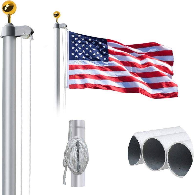 Photo 1 of 20FT Sectional Flag Pole Kit, Extra Thick Heavy Duty Aluminum Outdoor In ground Flagpole with Golden Ball and Free 3x5 Polyester American Flag, for Residential or Commercial, Silver