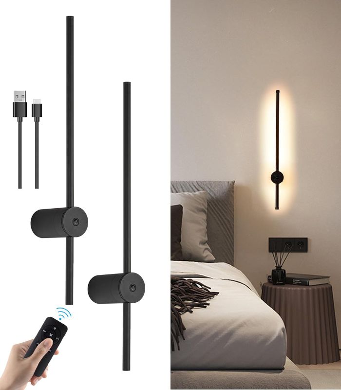 Photo 1 of Battery Operated Wall Sconce Set of Two, USB Rechargeable LED Wall Lights with Remote Control, Dimmable Cordless Wall Lamp Indoor, 360° Rotation Reading Lamp for Living Room, Bedroom, Black - 23.62in