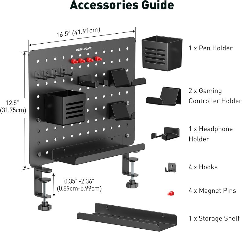 Photo 1 of Clamp-on Desk Pegboard, Steel Desktop Organizer Magnetic Metal Peg Board for Gaming & Office, Standing Desk Accessories, No-Drill (Black)
