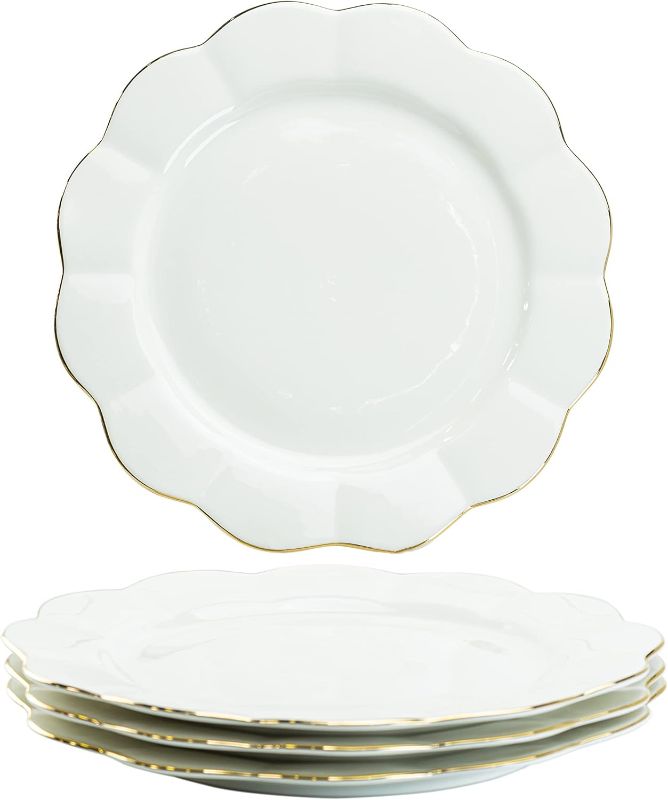 Photo 1 of Gracie China Porcelain White Gold Scallop Set of 4 Dinner Plates 8-Inch