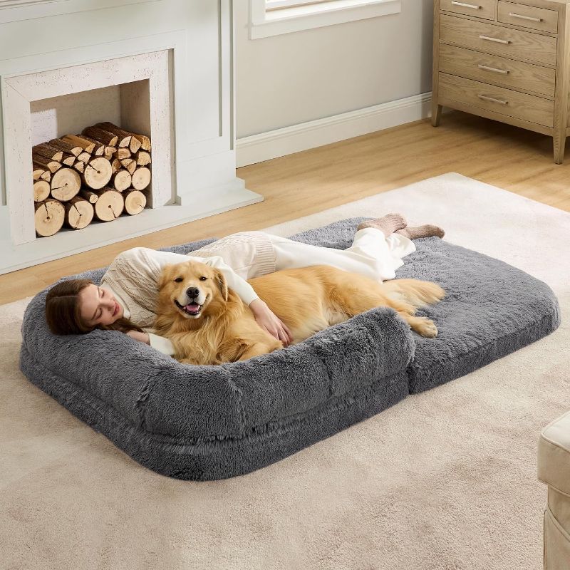 Photo 1 of Bedsure Foldable Human Dog Bed for People Adults, 2 in 1 Calming Human Size Giant Dog Bed Fits Pet Families with Egg Foam Supportive Mat and Waterproof Liner, Faux Fur Orthopedic Dog Sofa, Dark Grey