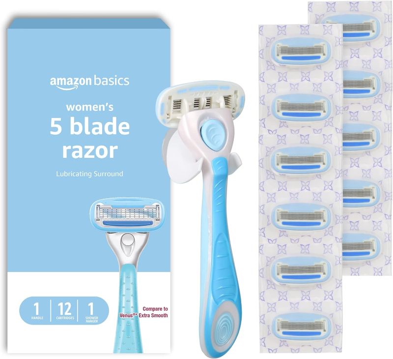 Photo 1 of Amazon Basics 5-Blade Razor for Women, Handle, 12 Cartridges & Shower Hanger, Fit Handles only, 14 Piece Set, Blue