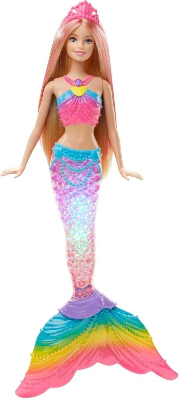 Photo 1 of Barbie Dreamtopia Doll, Rainbow Lights Mermaid with Glimmering Light-Up Rainbow Tail, Tiara and Blonde Hair