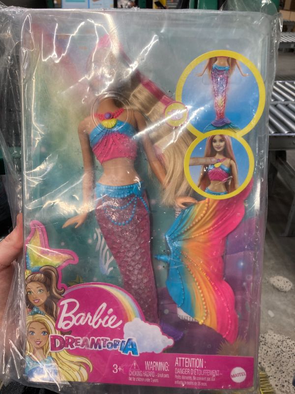 Photo 2 of Barbie Dreamtopia Doll, Rainbow Lights Mermaid with Glimmering Light-Up Rainbow Tail, Tiara and Blonde Hair