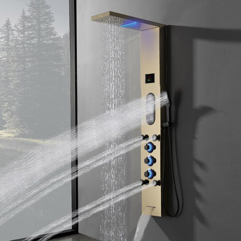 Photo 1 of Gold Shower Tower, Bathroom Shower Panel System with Large Area Body Jet Massage Shower Fixtures with Temperature Display Adjustable Body Jets Tub Spout Hand Shower, Brushed Gold