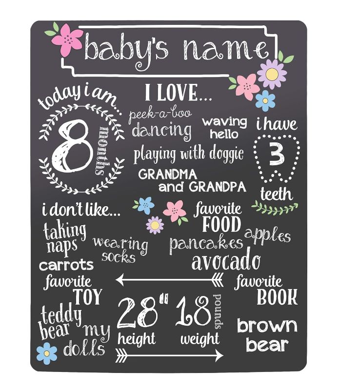 Photo 1 of Kate & Milo Flowers Baby Milestone Chalkboard, Baby Girl Photo Prop, All About Me Reusable Milestone Board, Black