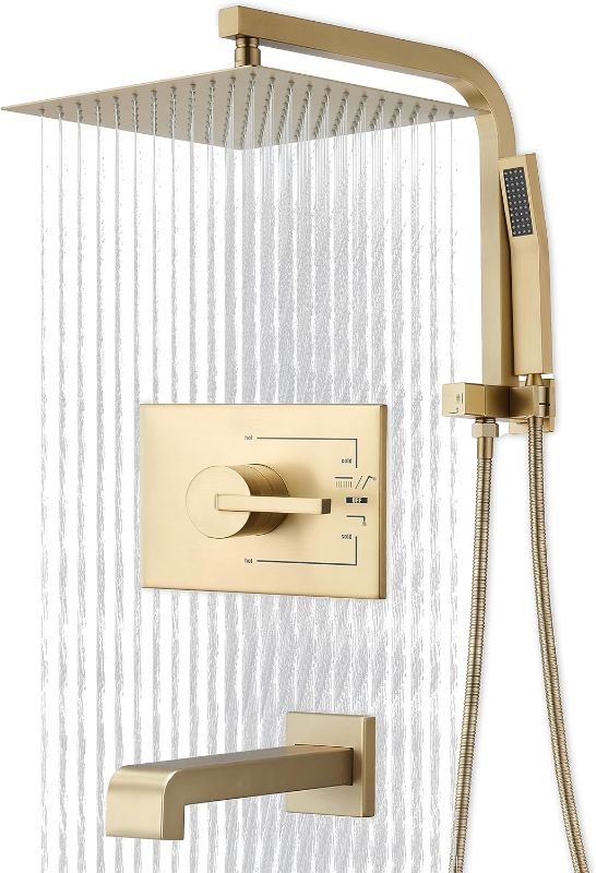 Photo 1 of Brushed Gold Shower Fixtures, Gold Shower Faucet Set with 12 Inch Gold Shower Heads with Handheld Spray Combo and Tub Spout, Shower Systems with Rain Shower and Handheld (Valve Included)