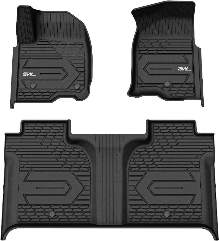 Photo 1 of 3W Floor Mats & Front Carpet Fit for 2019-2024 Chevy Silverado/GMC Sierra Denali 1500 & 2020-2024 GMC Sierra 2500HD/3500HD Crew Cab, TPE All Weather Accessories 2 Rows Full Set Car Mats, Black Floor Mats with Front Carpet