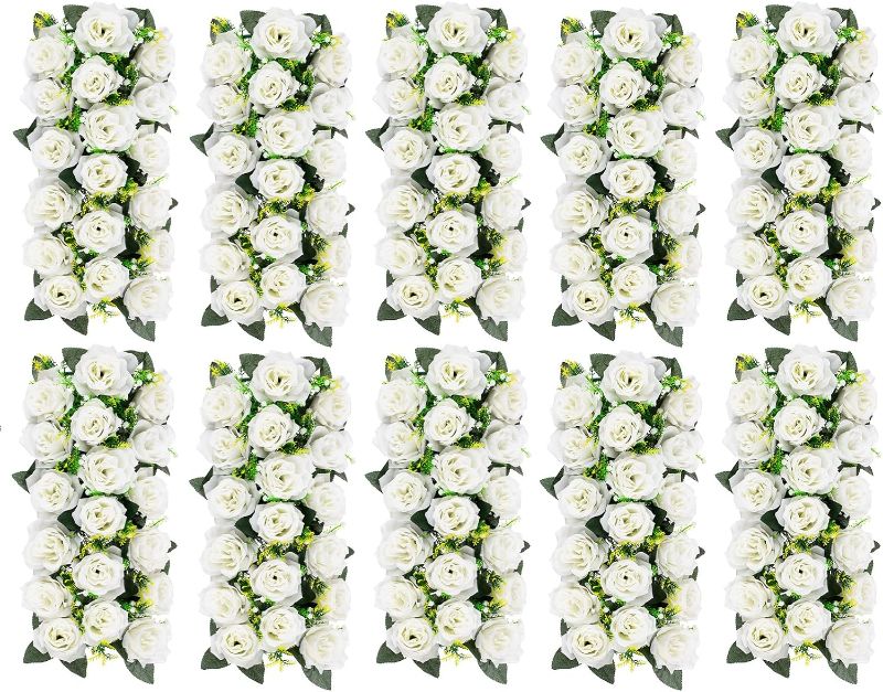 Photo 1 of BLOSMON Wedding Dining Table Flower Centerpiece Arch Silk Rose Floral Arrangement 10 Pcs Table Runner Decorations Artificial Rose Floral Centerpiece for Room Kitchen Reception Table Decor, White