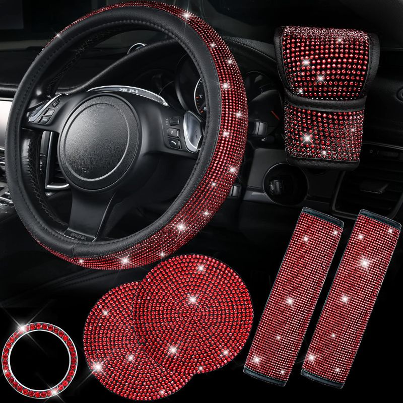 Photo 1 of CAR PASS 7 PCS Bling Car Accessories for Women, Sparkly Rhinestone Diamond Steering Wheel Cover, Bling Seat Belt Cushion, Glitter Shift Knob Cover, Car Cup Holder Coaster, Cute Interior Sets Red