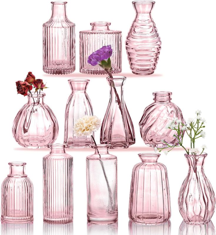 Photo 1 of CEWOR 12pcs Pink Glass Bud Vase Set, Small Vases for Flowers, Bud Vases for Centerpieces Wedding Decorations Mini Flower Vases in Bulk for Rustic Vintage Look Home Table Decor