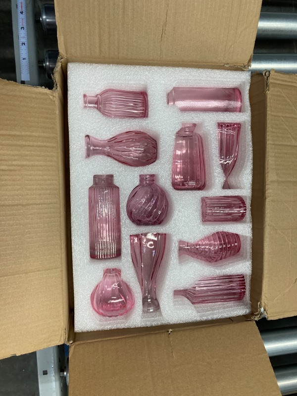 Photo 1 of CEWOR 12pcs Pink Glass Bud Vase Set, Small Vases for Flowers, Bud Vases for Centerpieces Wedding Decorations Mini Flower Vases in Bulk for Rustic Vintage Look Home Table Decor