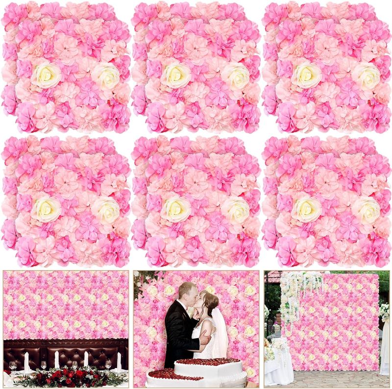 Photo 1 of 12 Pcs Flower Wall Panels 15 x 15 Inch 3D Silk Rose Floral Wall Decorative Faux Flower Wall Background for Wedding Home Decoration Background Shop Party Photo Arrangement (Pink)