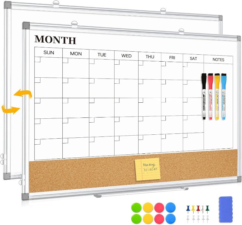 Photo 1 of Dry Erase Calendar, Double-Sided Magnetic Whiteboard Calendar for Wall, 24"x18" Aluminum Frame White Board Cork Board Combo, Memo Message Board for Office, Home, School, Kitchen