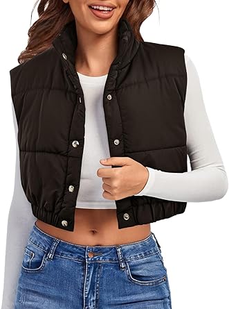 Photo 1 of Ybenlow Cropped Puffer Vest Womens Stand Collar Button Puffy Vests Lightweight Padded Sleeveless Jacket Winter