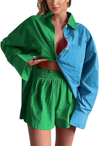 Photo 1 of CHARTOU Women's Summer 2 Pieces Outfit Color Block Blouse Shirt and Shorts Sets