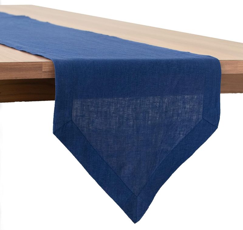 Photo 1 of 100% Linen Dark Blue Dining Table Runner in V-End Pattern for Thanksgiving, Home, Kitchen, Dining Room, Holiday, Wedding Party (14x72 inch, Pack of 1)