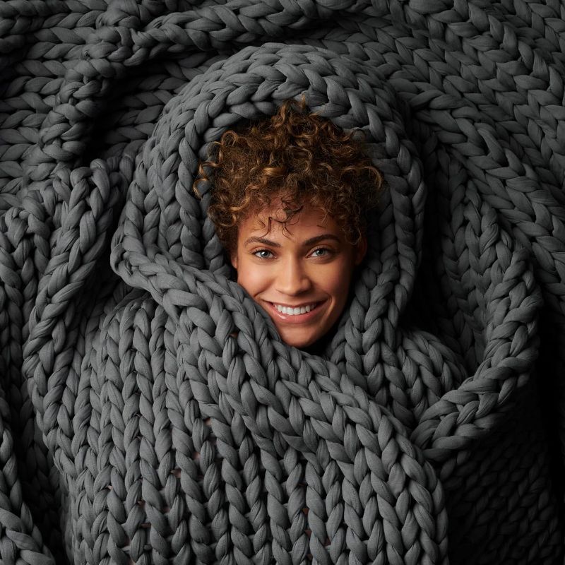 Photo 1 of Bearaby Hand-Knit Weighted Blanket for Adults - Chunky Knit Blanket - Sustainable, Breathable, Organic - Machine Washable for Easy Maintenance (Asteroid Grey, 15 lbs)