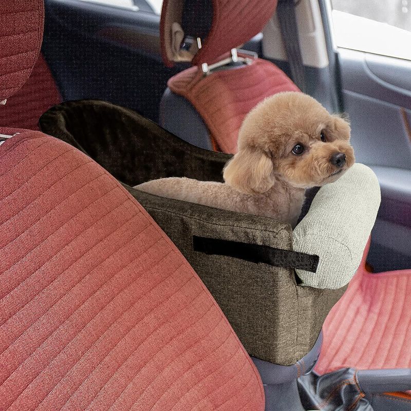 Photo 1 of HIFUAR Pet Car Booster Seat Small Dogs Armrest Booster Seat for Car,Middle Console Dog Car Seat Center Console Doggie Seat (White+Brown)