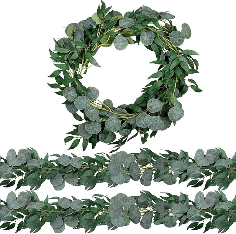 Photo 1 of 2 Pack 6.5 Feet Artificial Eucalyptus Garland with Willow Leaves Faux Greenery Garland for Wedding Party Home Table Runner Arch Decor