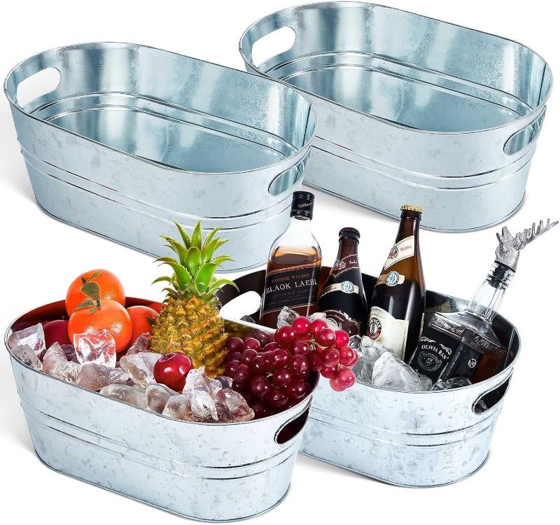 Photo 1 of 4 Pcs 4 Gallon Galvanized Metal Ice Buckets Beverage Tubs for Parties Large Drink Tin Bins for Beer Wine Champagne Cocktail Cooler for Christmas Halloween Bar (Silver,Classic)