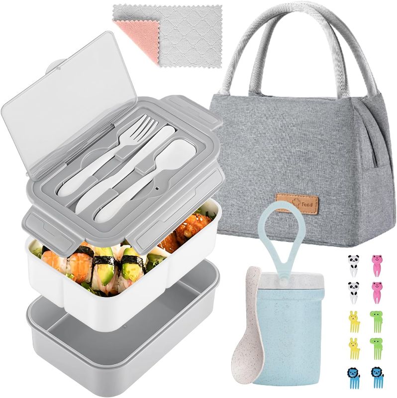 Photo 1 of Bento Lunch Box for Kids, Bento Box Adults Lunch Box Leak-proof for Kids Toddler Teens School, Lunch Box Containers Durable with Lunch Bag, Cup, Spoon, Forks, Dishcloth (Gray Set)