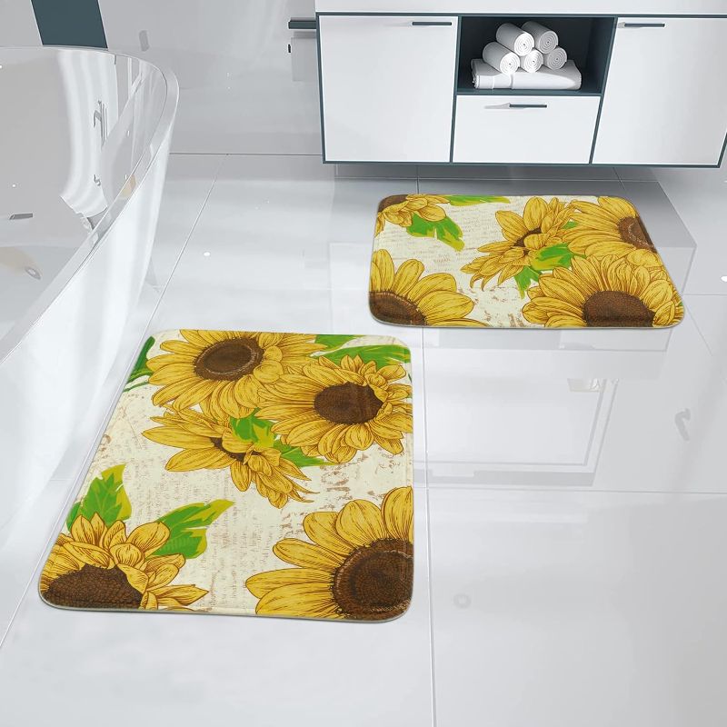 Photo 1 of 2 Pieces Bathroom Rugs Set, Soft Absorbent Sunflower Bath Mat for Bathroom, Non Slip Yellow Bath Rug Set of 2 with Memory Foam, Washable Bath Rug and Mat Sets, 32'' x 20'' + 24'' x 16''