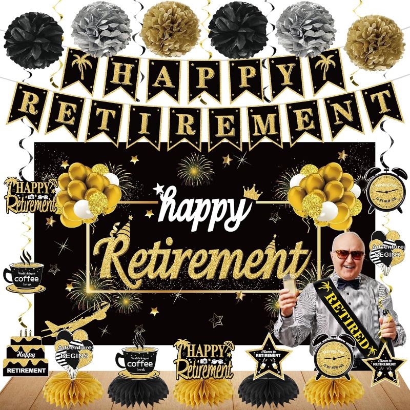 Photo 1 of 20PCS Happy Retirement Party Decorations Kit for Men Women, Black Gold Retirement Banner Balloons Honeycomb Centerpiece Swirl Paper Pompoms Party Supplies, Retired Sash Table Topper Swirls Set