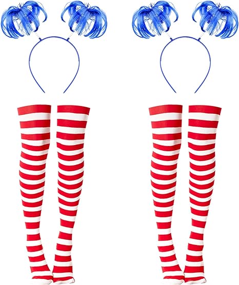 Photo 1 of 4 Pcs Halloween Costume Accessories Include Blue Ponytail Headband Long Knee Thigh High Striped Socks for Halloween Party Supplies