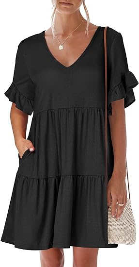 Photo 1 of ANRABESS Women's 2024 Summer V Neck Ruffle Short Sleeve A Line Tiered Flowy Casual Mini Beach Dress with Pockets, MEDIUM