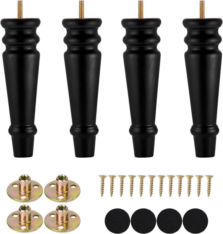 Photo 1 of Furniture Legs 8 inches Set of 4 Wood Replacement Legs for Sofa Couch Cabinet Chair Black Solid Round Turned Screw in