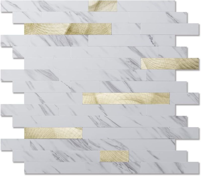 Photo 1 of Art3d 10-Sheet Peel and Stick Backsplash Tile for Kitchen Bathroom Fireplace Laundry Room in White Slate with Gold Studded