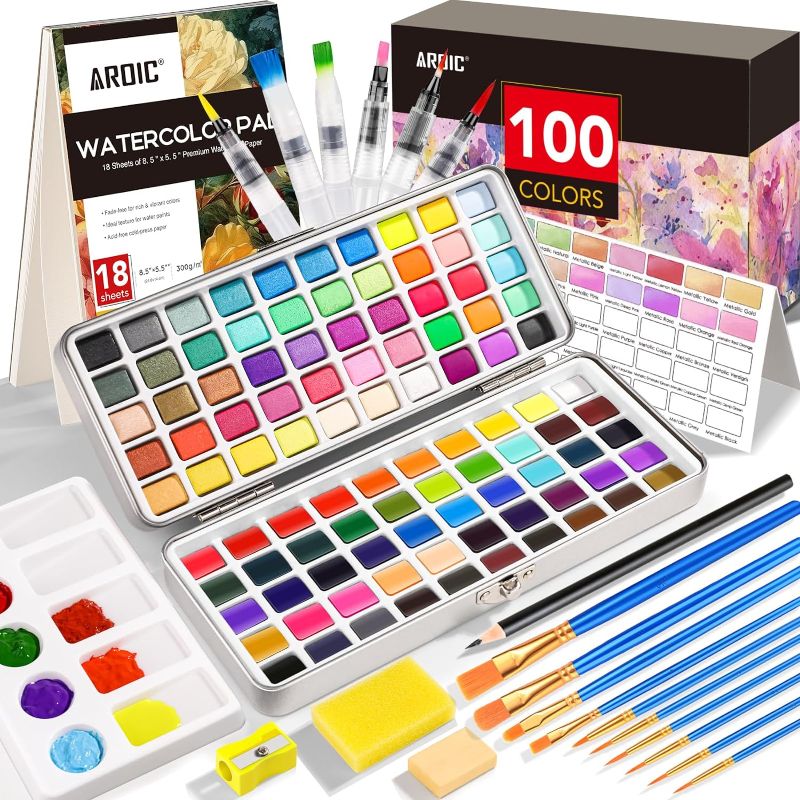 Photo 1 of AROIC 100 Colors Watercolor Paint Set,in Portable Box,Include Pearl light & Fluorescent Color, 10 Painting Brushes, 6 Water Brush Pens, Pad, Palette and everything Else you Need, Travel Kit