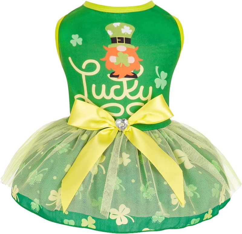 Photo 1 of cyeollo St. Patrick's Day Dog Dress Skirt Lucky Shamrock Dog Tulle Dresses with Bowtie for Small Dogs Puppy, Green SMALL