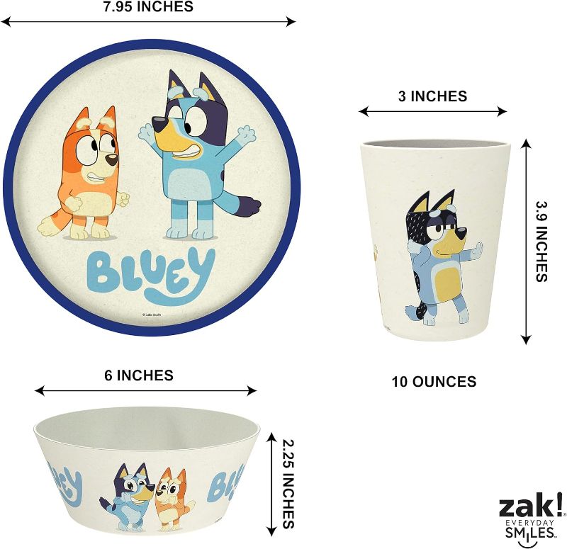 Photo 2 of Zak Designs Bluey Kids Dinnerware Set 3 Pieces, Durable and Sustainable Melamine Bamboo Plate, Bowl, and Tumbler are Perfect For Dinner Time With Family (Bluey, Bingo, Bandit, Chilli)