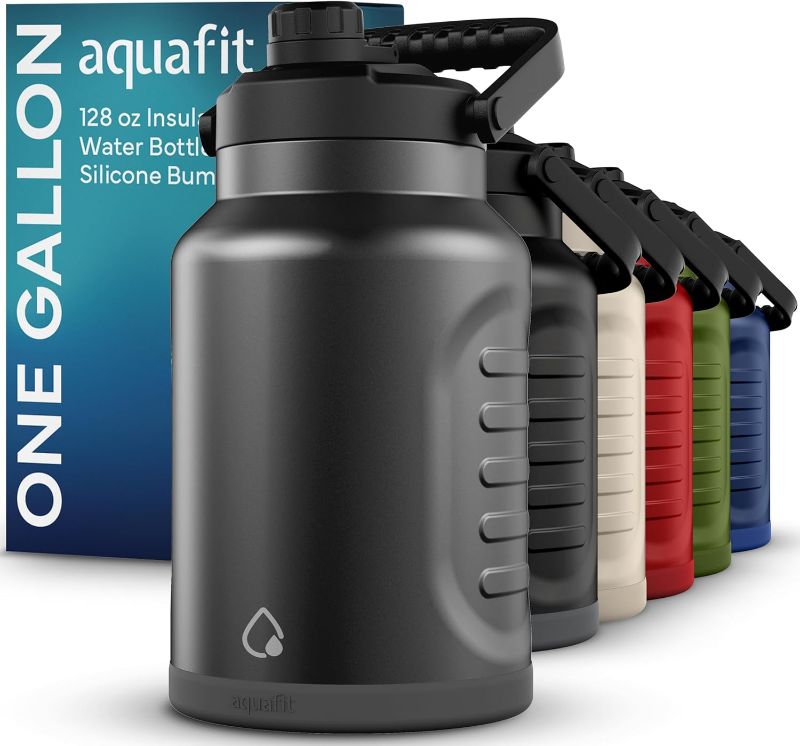 Photo 3 of AQUAFIT One Gallon Water Bottle Insulated - Gallon Water Jug 128 oz - Large Water Bottle Insulated Growler -  Stainless Steel (Black)