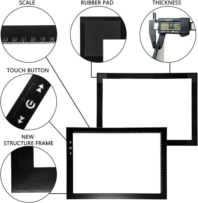 Photo 3 of A4 LED Light Box Light Pad Lock/Unlock Modes Touch Dimmer Button Dimmer 5 Level Brightness Led 7000 Lux for Tatoo,Trace, Drawing,Animation, Sketching,Diamond Painting (White)