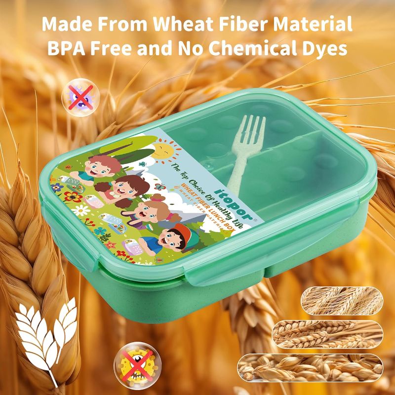 Photo 2 of Itopor® Lunch Box,Leak-Proof Design,Natural Wheat Fiber Materials Bento Box,BPA-Free Lunch Box kids Containers,Healthy Food-Safe Bento Lunch Boxes for Family (Green)