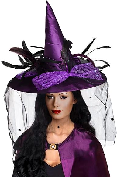 Photo 1 of Goetland Deluxe Witch Hat for Women Halloween Witch Hat with Veils Spiders Feathers Party Carnival Christmas Cosplay